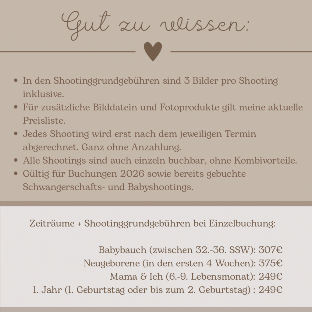 Informationen zu Kombiangeboten für Babybauch-, Newborn- und Familienshootings inklusive Preisen und Rabatten